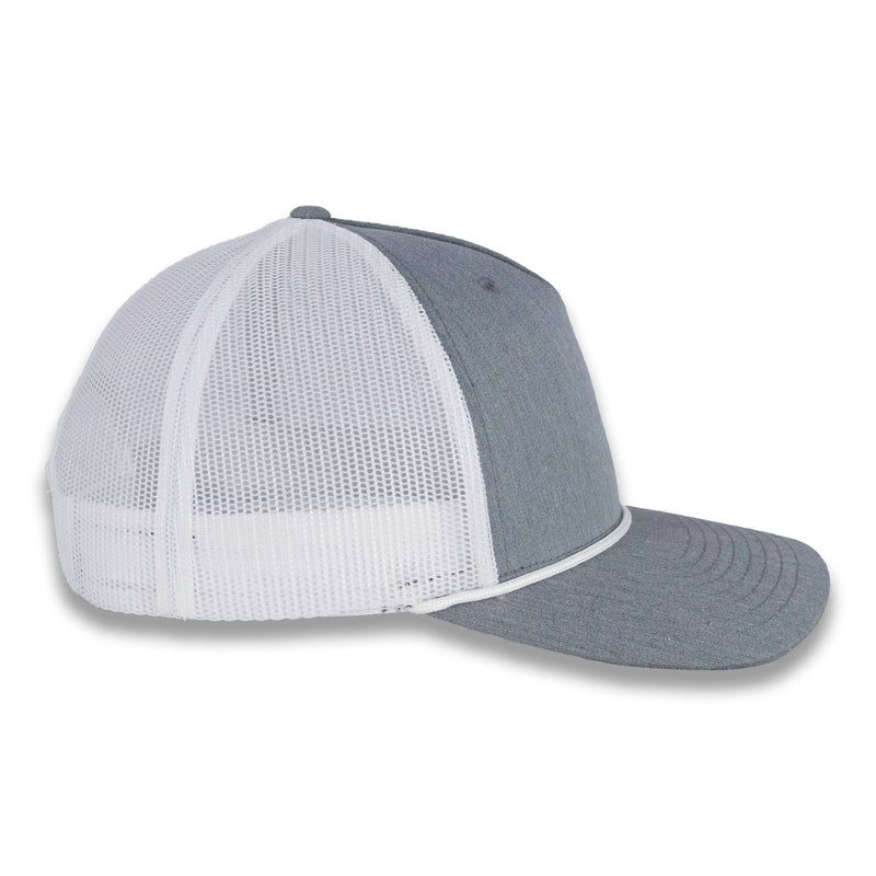 Richardson Five Panel Trucker with Rope Cap - Heather Gray with White Mesh and White Rope