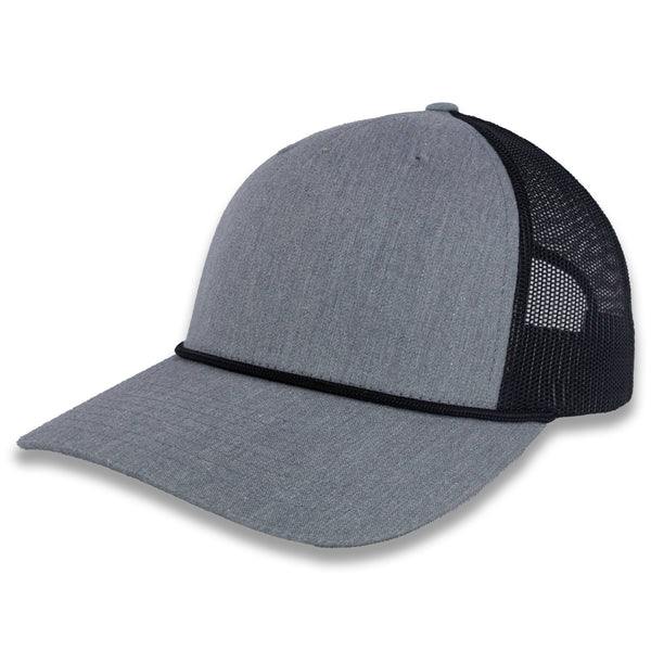 Richardson Five Panel Trucker with Rope Cap - Heather Gray with Black Mesh and Black Rope