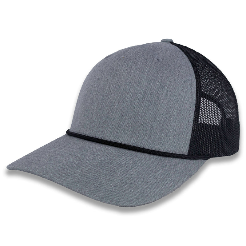 Richardson Five Panel Trucker with Rope Cap - Heather Gray with Black Mesh and Black Rope