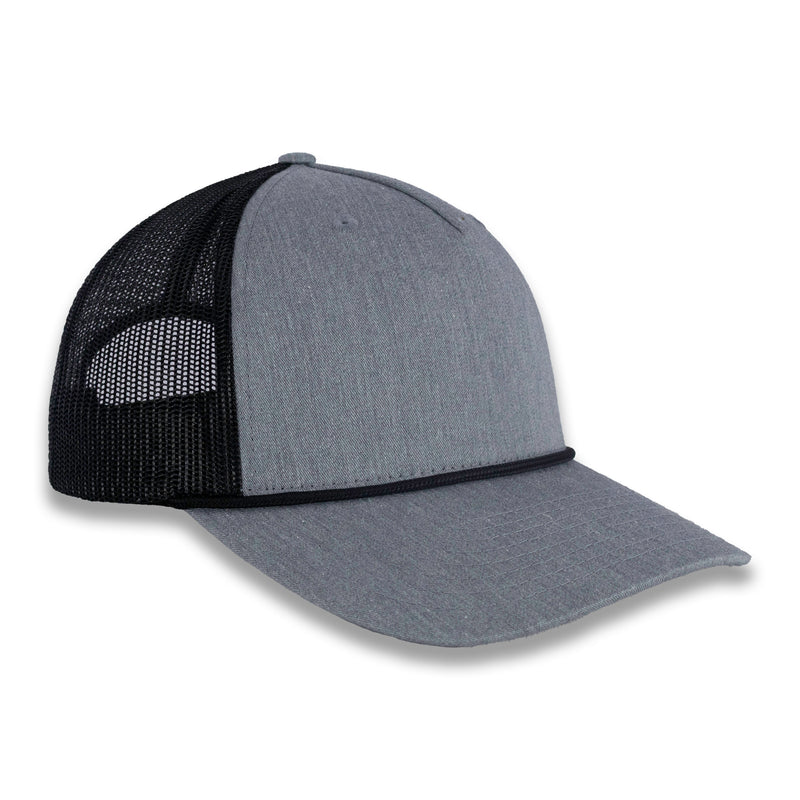 Richardson Five Panel Trucker with Rope Cap - Heather Gray with Black Mesh and Black Rope