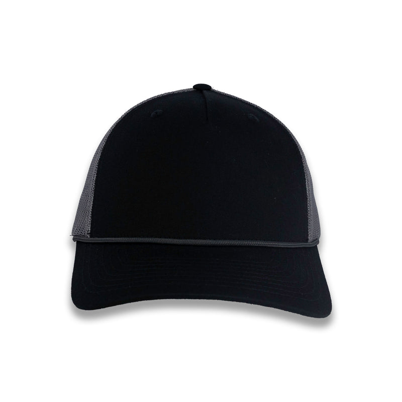 Richardson Five Panel Trucker with Rope Cap  - Black With Charcoal Mesh and Charcoal Rope