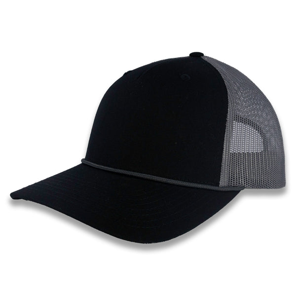 Richardson Five Panel Trucker with Rope Cap  - Black With Charcoal Mesh and Charcoal Rope