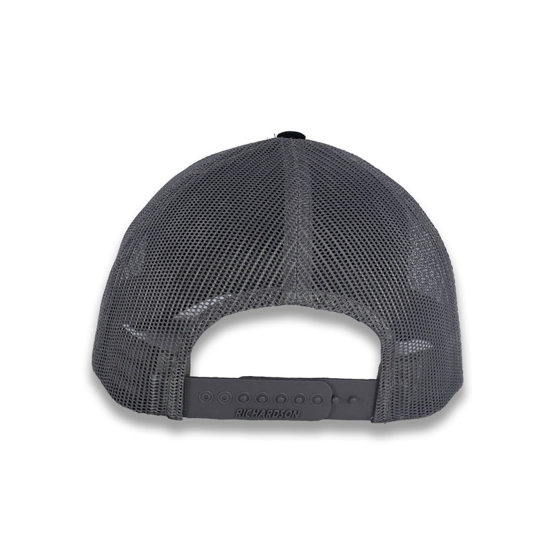 Richardson Five Panel Trucker with Rope Cap  - Black With Charcoal Mesh and Charcoal Rope