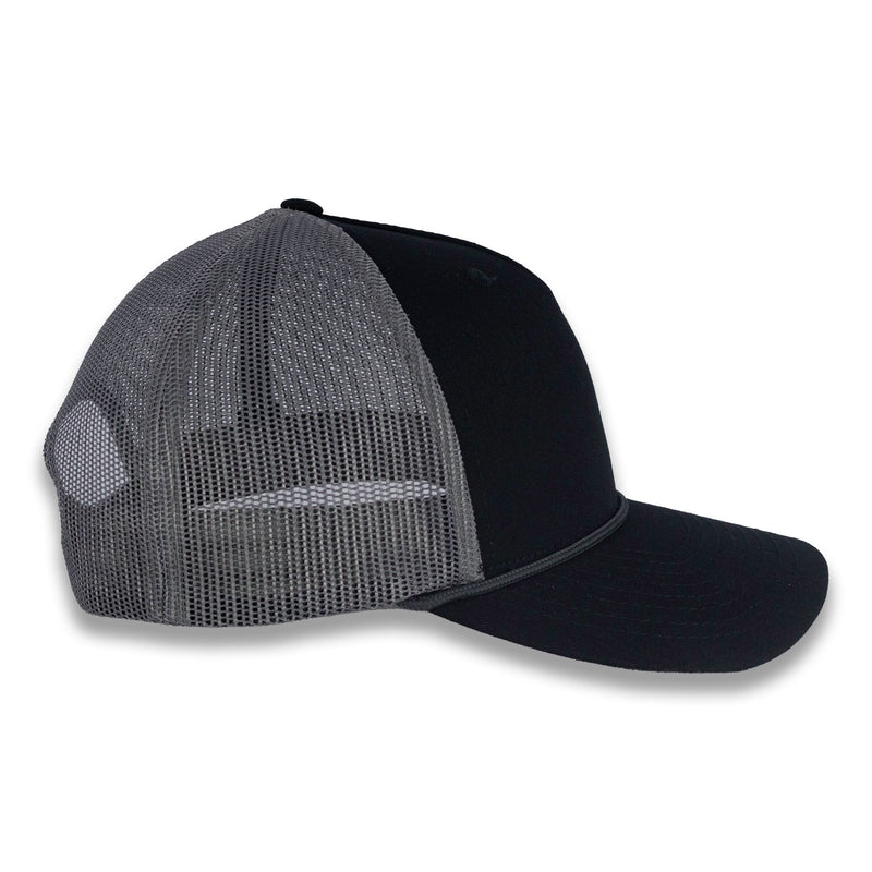 Richardson Five Panel Trucker with Rope Cap  - Black With Charcoal Mesh and Charcoal Rope