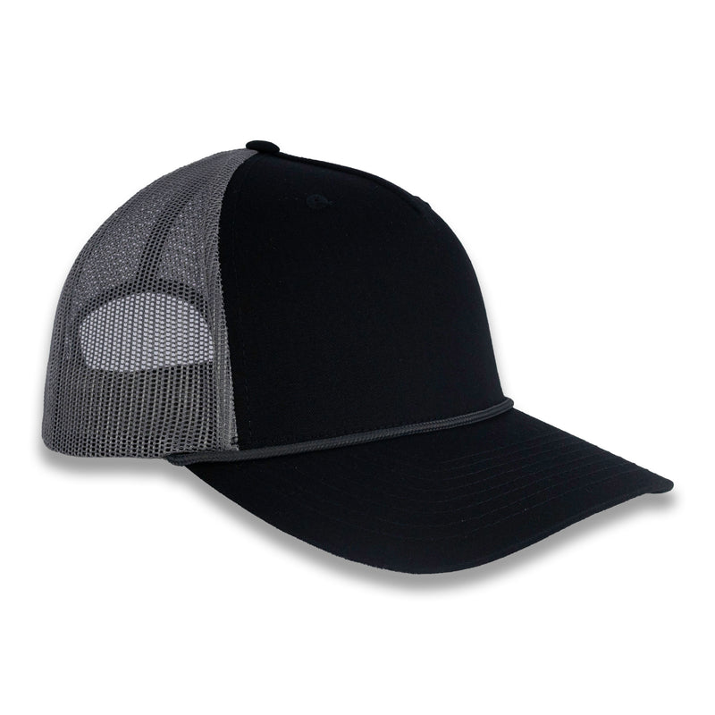 Richardson Five Panel Trucker with Rope Cap  - Black With Charcoal Mesh and Charcoal Rope
